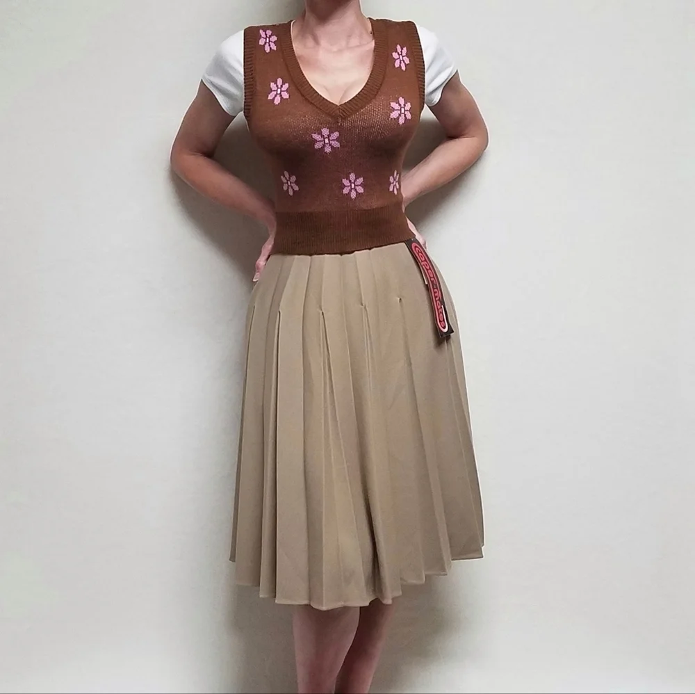 Deadstock Vintage 70s Caper-mates Stretchy Khaki Top-stitch Pleat Midi Skirt 12